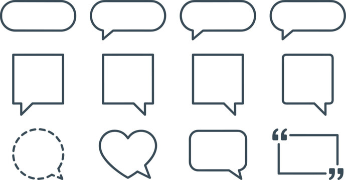 Speech Bubble and Chat Comment Line Icon Set with Oval Square Heart Dashed Circle and Quote Frame Shapes for Social Media and Interface Design