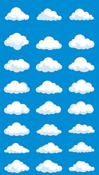 A vibrant blue background showcases an assortment of white, fluffy cloud illustrations. Each cloud varies in size & shape