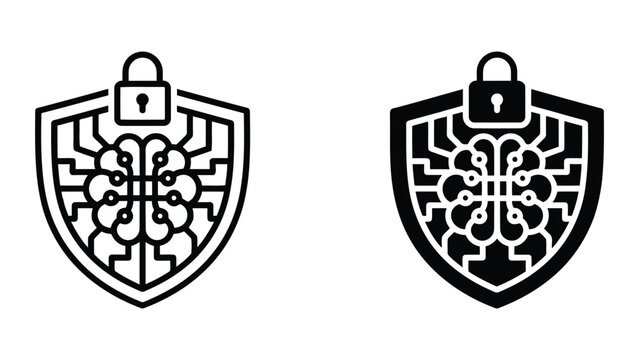Security shield with padlock and circuit board brain icon representing hardware security and encrypted artificial intelligence processing for advanced computing and digital protection systems