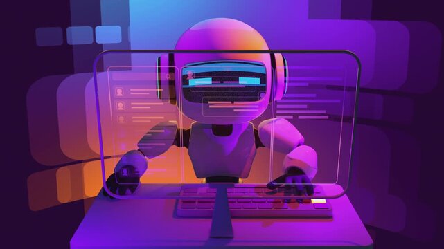 4k 3d animation of cute futuristic robot interacting with a  computer. Concept of an AI chatbot, virtual assistant, machine learning program, and smart automated customer support.
