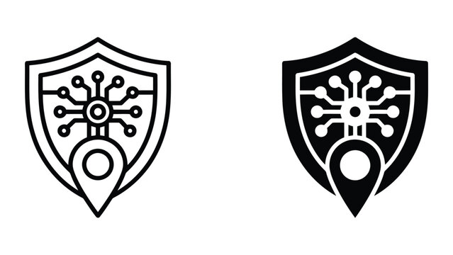 Network location pin inside shield icon set as vector graphic design for secure geographical data tracking and protected location services in modern digital software and cloud based mapping platforms