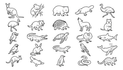 Fototapeta premium Rare Animals Line Art Coloring Book - Wildlife, Birds, Insects, Marine Life & Endangered Species Vector Illustrations Megaset
