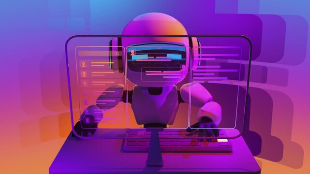 4k 3d animation of cute futuristic robot interacting with a  computer. Concept of an AI chatbot, virtual assistant, machine learning program, and smart automated customer support.