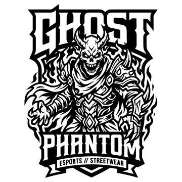 Armored demon warrior mascot logo with Ghost Phantom typography, aggressive skeletal warlord character with horns, vector line art isolated on white background.