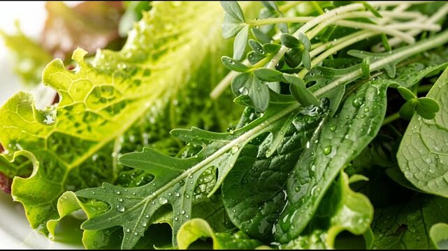 Fresh green lettuce leaves on plate 1.