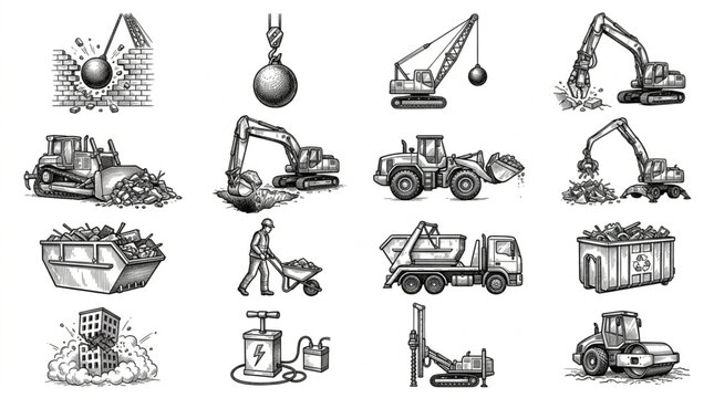 Collection of Construction and Demolition Equipment Illustrations.