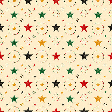 Juneteenth repeating pattern with small five-point stars, dotted accents and a cream background, styled with subtle distressed vintage texture