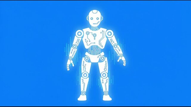 Glowing white robot on blue background 1.