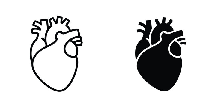 Anatomical human heart icons in outline and solid black style for medical and healthcare design
