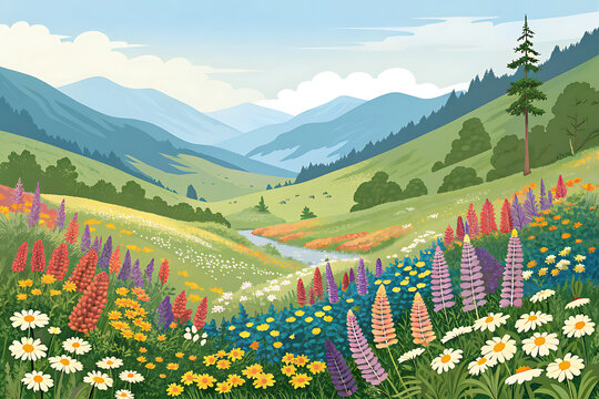 Valley of Flowers  Uttarakhand  colorful vector floral landscape