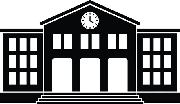 School building silhouette icon with clock on facade and entrance stairs representing education or academic institution symbol.