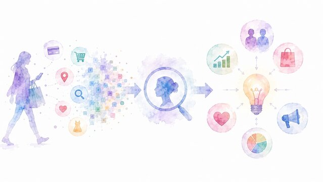 スマートフォンからの行動データを分析しビジネスアイデアに繋げる顧客データ活用の水彩イラスト