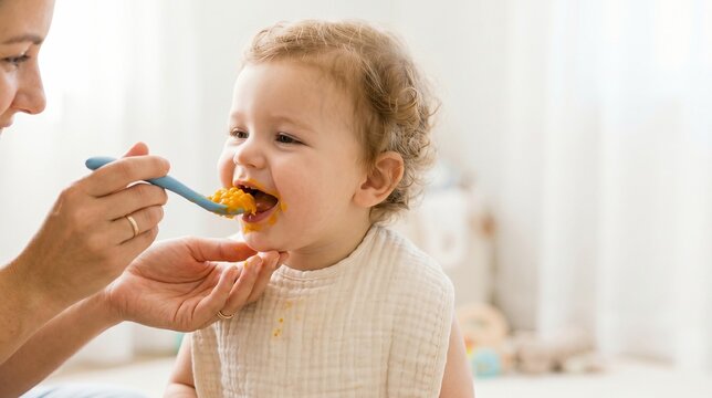 Baby eating messy pureed food with mother spoon-feeding in bright nursery, happy childhood and early nutrition development.
