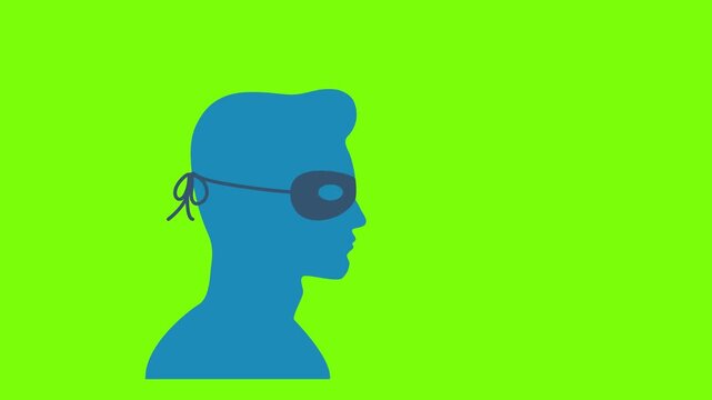 Mask superhero carnival or opera actor animation icon. Hacker thief icon. Masked thief black icon. Black masquerade costume with eye mask silhouette hidden burgar face. 2d flat animation Alpha channel