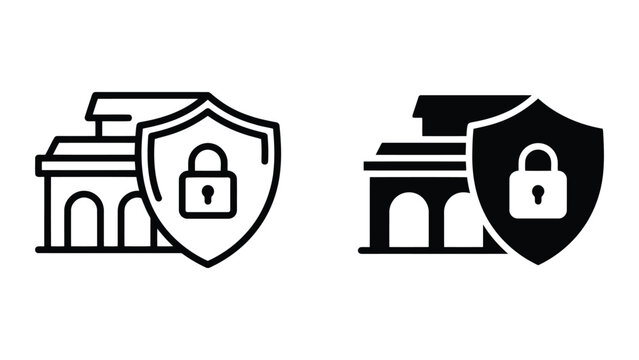 Secure bank or financial institution building with padlock inside protective shield icon set in black outline and solid black silhouette styles for financial security and asset protection
