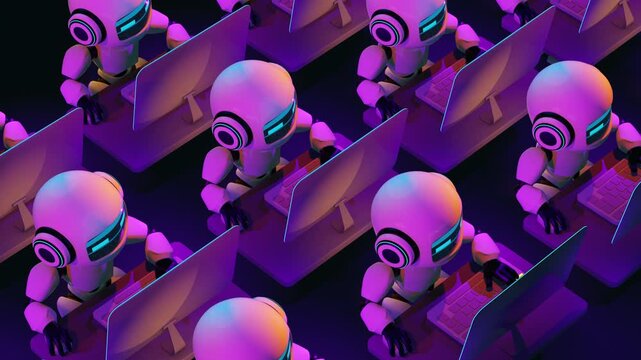 Seamless 3d animation loop of multiple cute futuristic robots working on computers in a modern office. Concept of an automated customer support team, AI chatbots, and digital workforce handling online