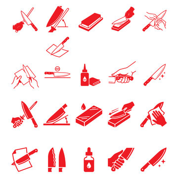 Kitchen Knife Sharpening and Blade Maintenance Silhouette Set, Professional Whetstone Sharpening Process Grinding Stone Angle Guide Honing Steel and Cleaver Vector Illustration