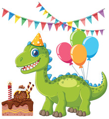 Cartoon Dinosaur Celebrating Birthday with Cake Balloons and Bunting Flags © brgfx