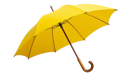 Bright yellow umbrella with wooden handle, isolated on transparent background © Giulia