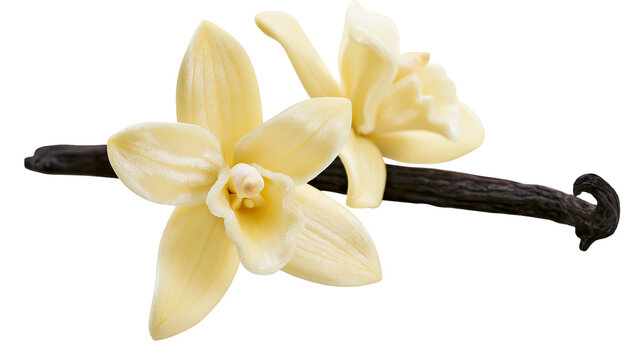 Delicate vanilla orchid flower with dark bean pod, isolated on transparent background