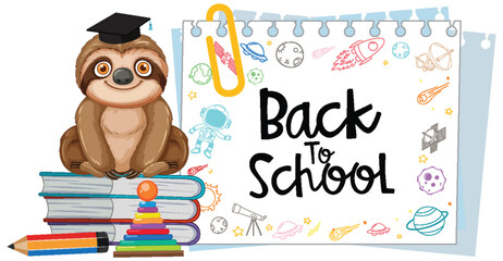 Fototapeta premium Cute Sloth Graduate Sitting on Books with Back to School Text