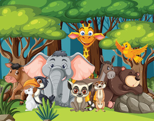 Obraz premium Cartoon Jungle Animals Grouped in Lush Forest Setting