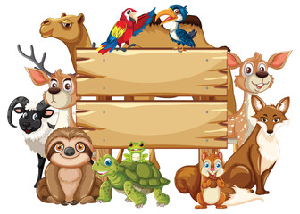Fototapeta premium Group of Cartoon Forest and Jungle Animals Around Wooden Sign