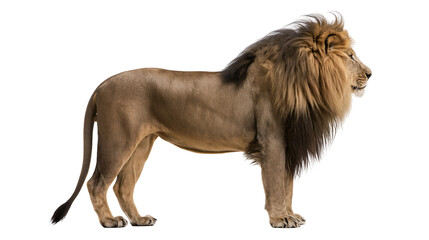 Majestic male lion with full mane standing profile, isolated on transparent background © Giulia