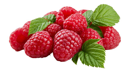 Fresh ripe red raspberries with green leaves, isolated on transparent background © Giulia