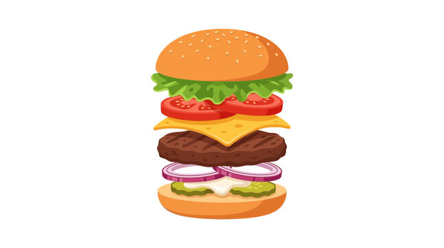 Deconstructed layered hamburger illustration with beef cheese and vegetables on white background