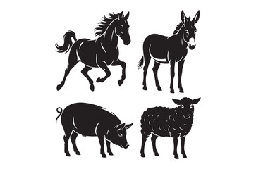 Naklejka premium Farm Animal Silhouettes Horse Donkey Pig And Sheep