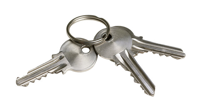 Set of three silver metal keys on a ring, isolated on transparent background