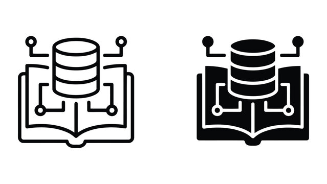Data management and knowledge base icon set illustrating server storage and open book for information technology systems and structured digital learning resources in professional vector style
