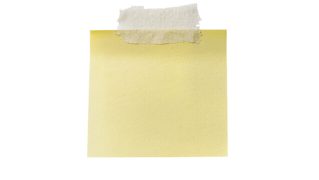 Yellow sticky note with torn paper tape, isolated on transparent background