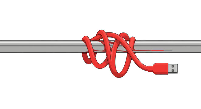 Conceptual Illustration of a Red USB Cable Tied in a Knot Representing Slow Internet Speed and Data Throttling