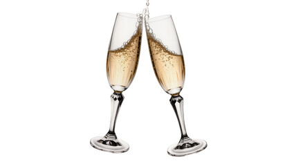 Two champagne flutes clinking with golden bubbly liquid, isolated on transparent background © Giulia