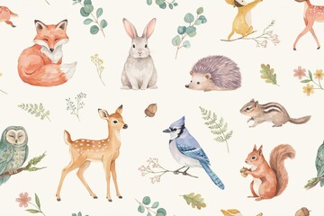 Fototapeta premium Watercolor seamless pattern featuring forest animals like deer, fox, rabbit, hedgehog, owl, and squirrel with eucalyptus leaves and acorns