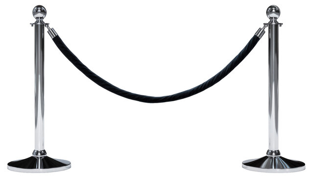 Polished chrome stanchions with black rope barrier, isolated on transparent background