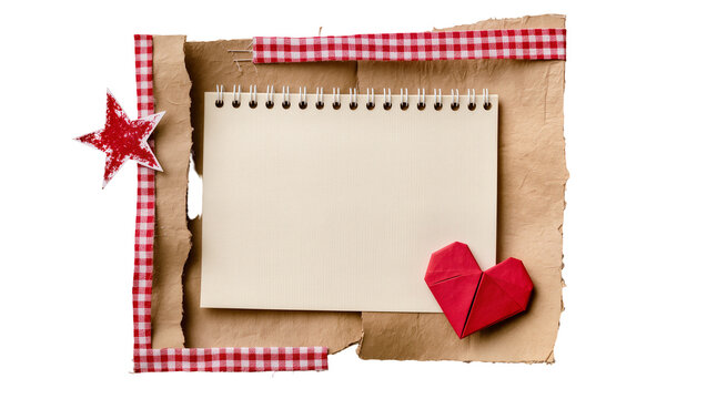 Scrapbook page with spiral notebook red star and origami heart, isolated on transparent background