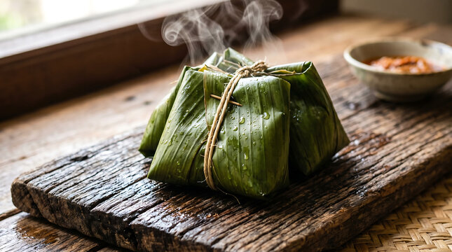 A vibrant, close-up photograph capturing traditional Asam corn dumplings, freshly steamed. The Subject: The dumplings are tightly and neatly wrapped in broad, vibrant green plant leaves, showcasing in