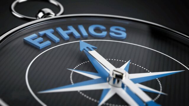 Closeup of a compass with the word ethics on it, symbolizing moral direction and guidance on a dark background