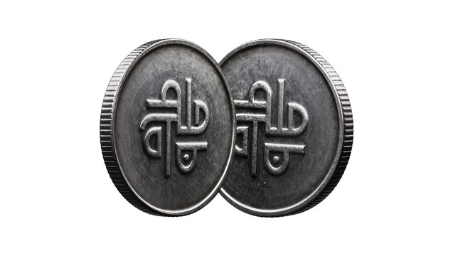 Two metallic coins with embossed symbol, isolated on transparent background