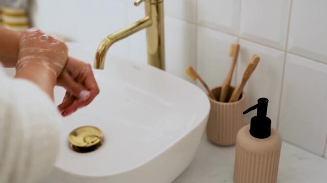 Person washing hands with soap in a modern bathroom with gold faucet and minimalist accessories