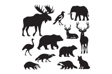 Fototapeta premium Animal Silhouettes Black Wildlife Shapes On A White Background