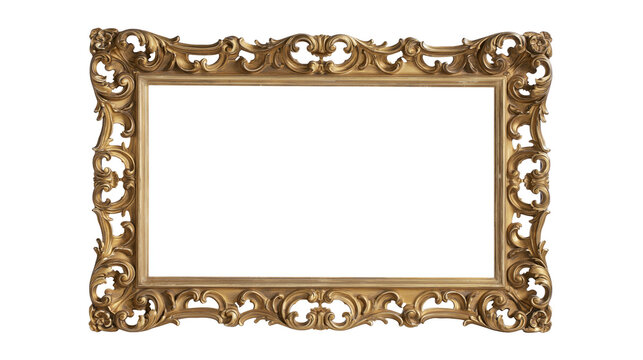 Ornate golden baroque picture frame with intricate carvings, isolated on transparent background