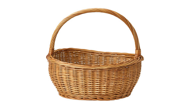 Woven wicker basket with curved handle, isolated on transparent background