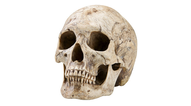 Cracked human skull with weathered texture, isolated on transparent background