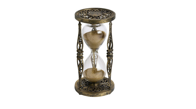 Antique brass hourglass with ornate filigree details sand flowing, isolated on transparent background