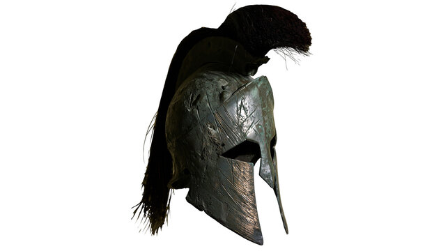 Ancient Greek Corinthian helmet with black horsehair plume, isolated on transparent background