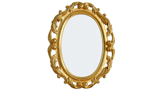 Ornate oval gold baroque mirror with decorative carvings, isolated on transparent background